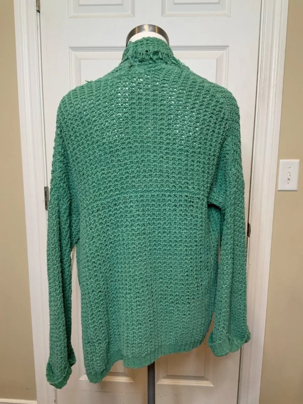 Free People Seafoam Green Open Front Chunky Knit Fringe Cardigan, Size S